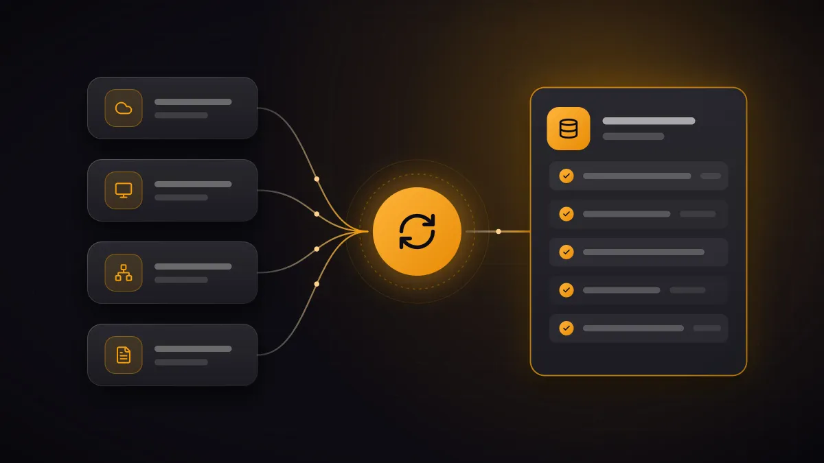 Illustration: Daten aus Cloud, Endgeräten, Netzwerk und ERP fließen automatisch in eine aktuelle CMDB